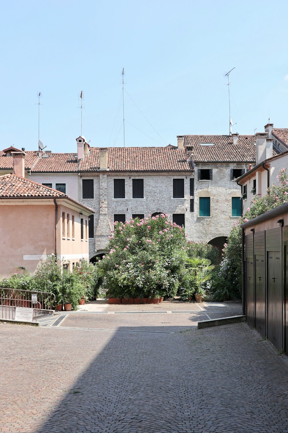Cortile soleggiato con ciottoli, cespugli fioriti e piante in vaso.